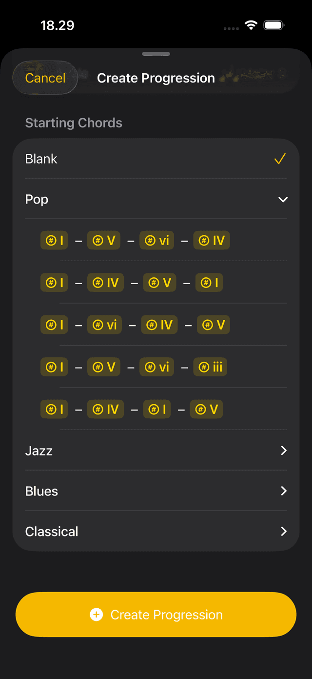 iPhone showing a chord progression in Compose — a sequence of chords laid out in the sequencer, ideally with a genre or template visible. Should show the result of applying a template, not the picker.