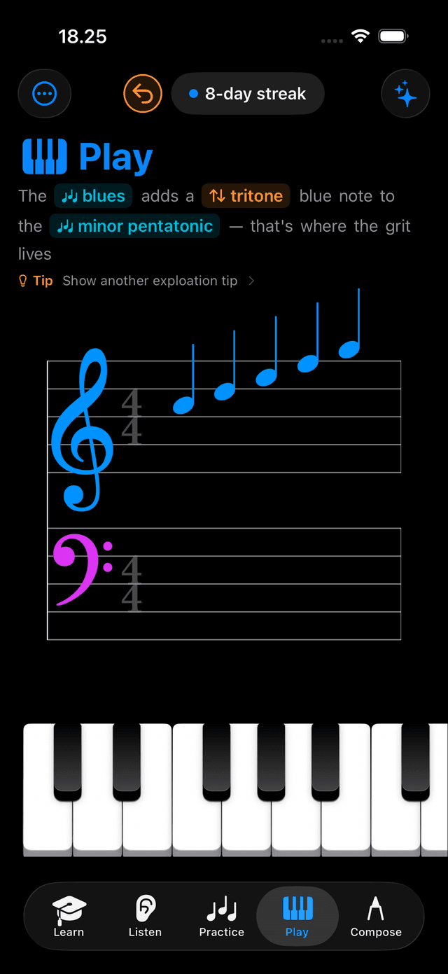 iPhone in Play mode showing the Rewind button in the toolbar — ideally with the rewind sheet open, showing duration picker and Save to Compose option. Orange accent visible.
