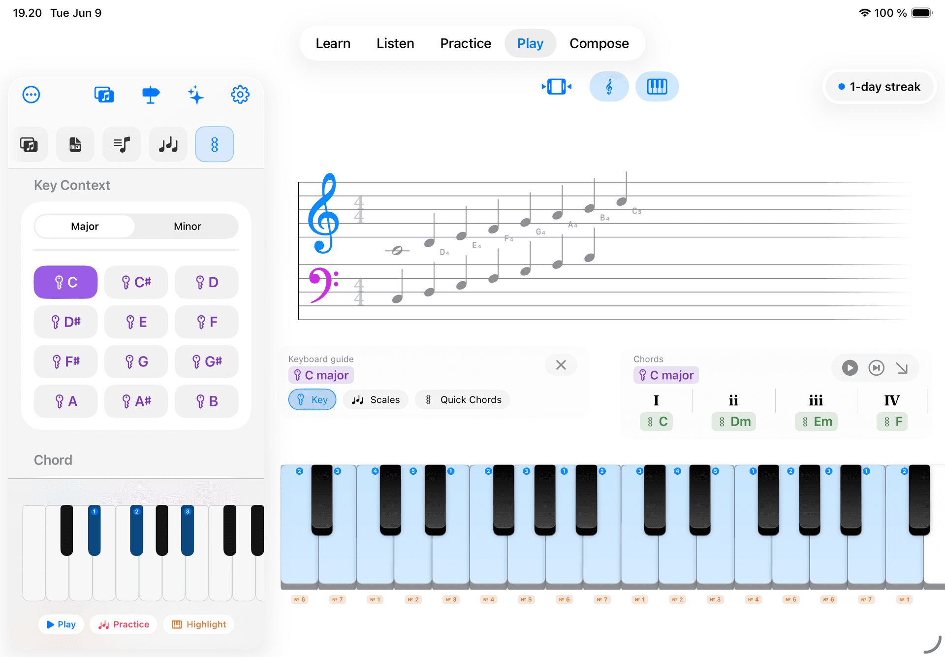 iPad or large iPhone screenshot showing Play mode with the key selector open — root selected, keyboard lit with scale highlights, diatonic chord strip visible. Landscape preferred.