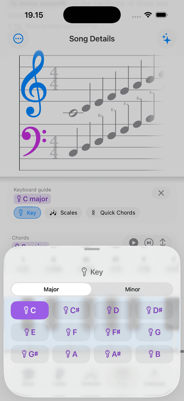 iPhone showing Play mode with the key reference panel open — scale highlighted on the keyboard and diatonic chord strip visible below.