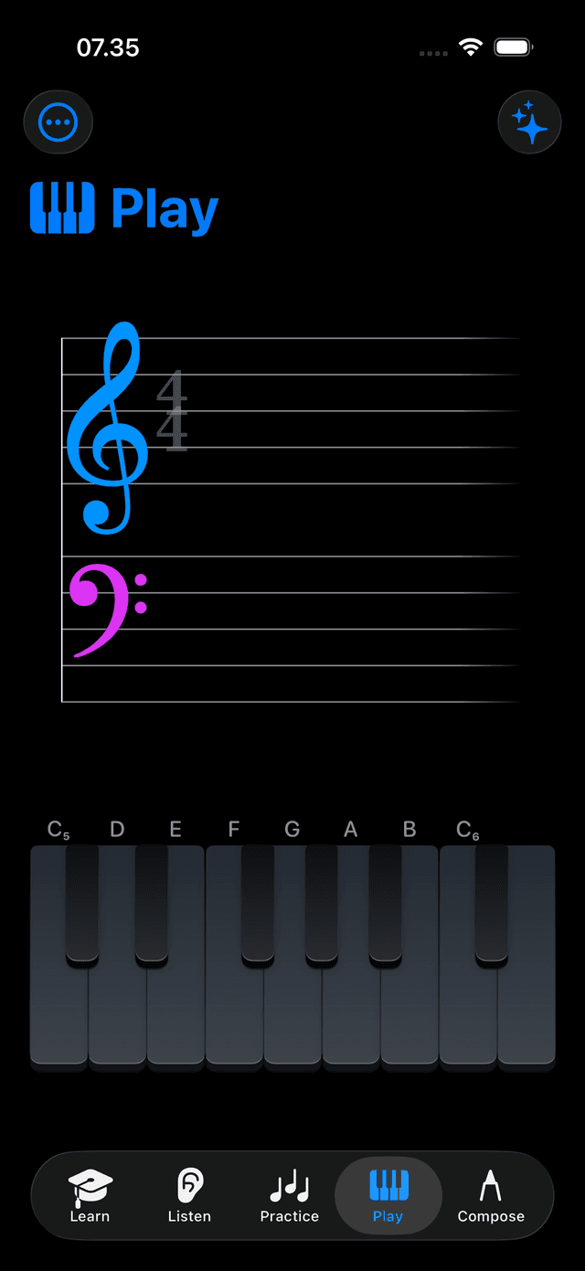 iPhone Play mode with the Midnight keyboard theme applied — dark keys visible, scale highlights adapting to the dark palette.