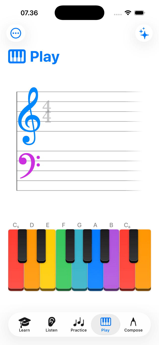 iPhone Play mode with the Rainbow keyboard theme — each pitch class colored with an Apple system color (C red, D orange, …).