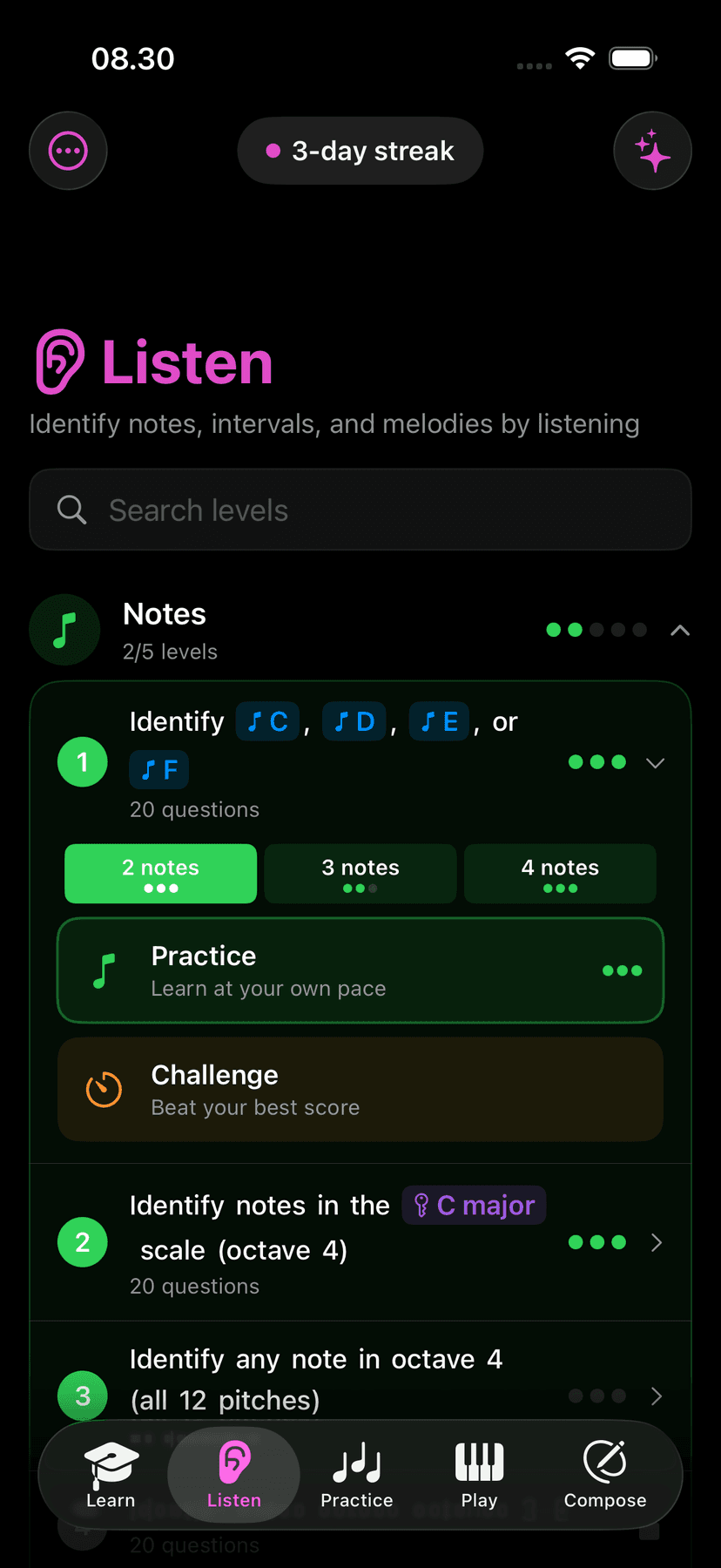 Listen mode aligned with theory lessons