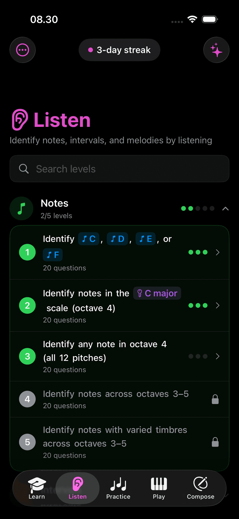 Listen mode showing category-based ear training tracks