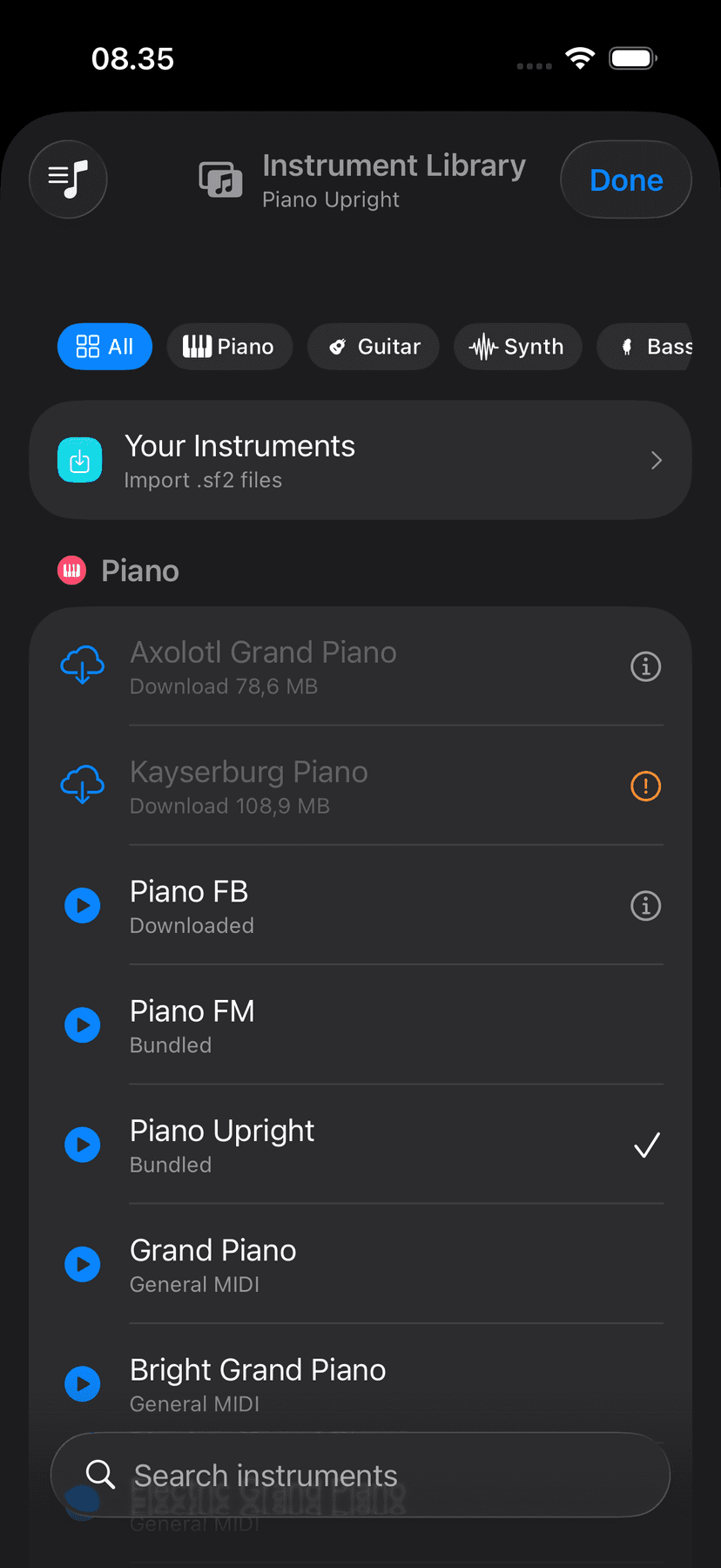 Instrument library in Play mode