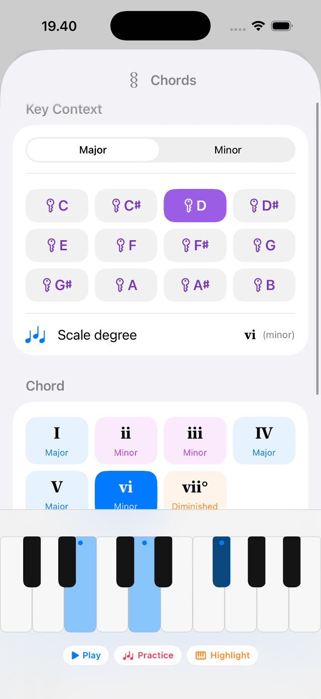 Play mode with key selector open showing a MusicCard grid (root + Major/Minor), keyboard lit in the selected key's scale, diatonic chord strip visible below.