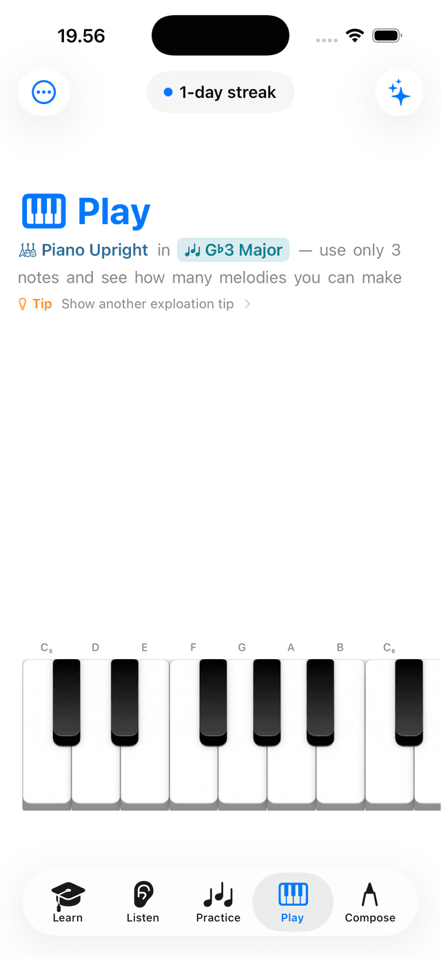 On-screen keyboard with note/key names and guides shown on the keys.