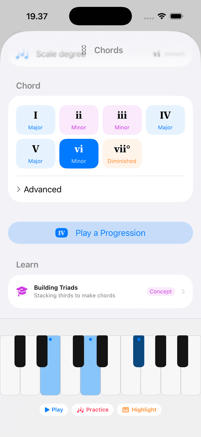 Play mode with a progression loaded — chord strip or sidebar showing the sequence of chords, one highlighted as the current chord, auto-advancing.