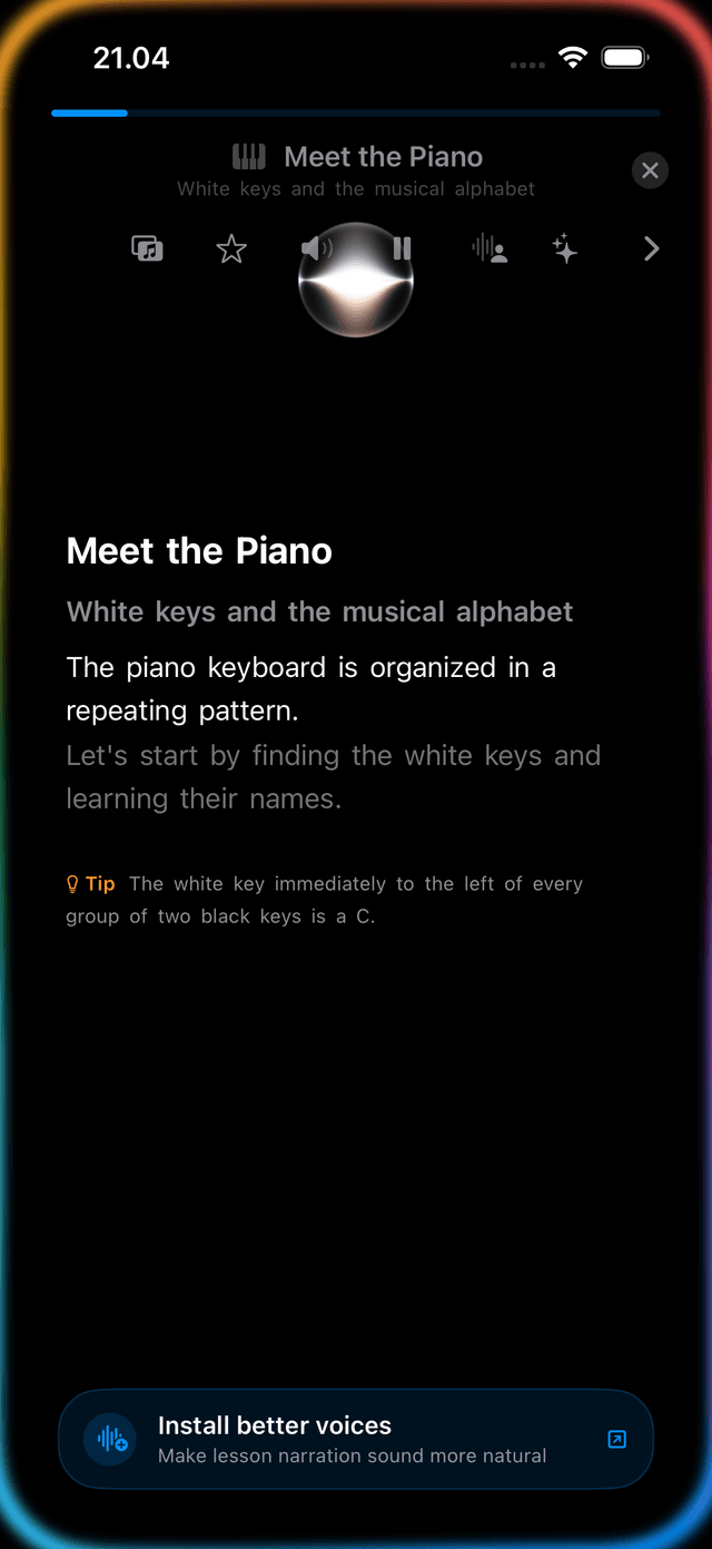 iPhone Aria chat or lesson view showing the voice orb appearing while Aria speaks — the animated orb visible above the reply.