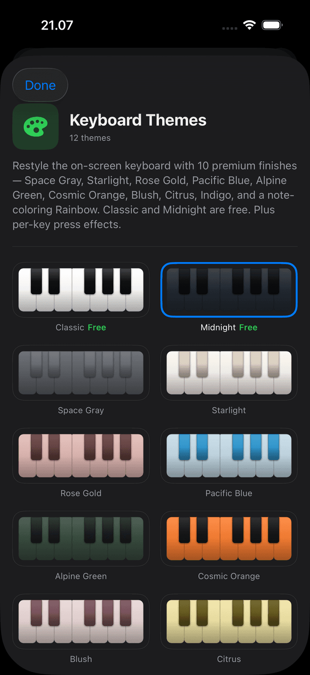 Settings → Keyboard Theme picker showing the swatch grid — Classic and Midnight unlocked, 10 premium finishes with lock badges.