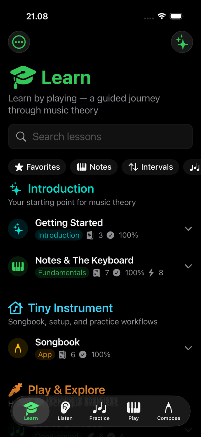 iPhone showing the app at Accessibility Extra Large or Largest text size — Learn or Aria mode, prose clearly enlarged, layout intact.
