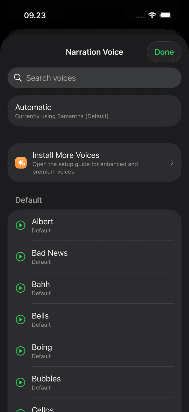 Settings — narration voice selection list.