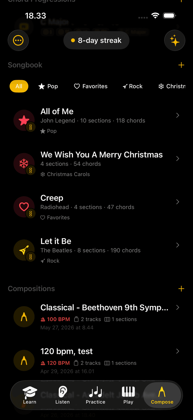 iPhone Songbook list — shows several song titles with category filter chips at the top (e.g. 'Pop', 'Jazz'). One category chip is selected/active. Songs show their key or section count as a subtitle. Should feel like a library/browse view, clearly inside Compose. Not the old Play mode library.