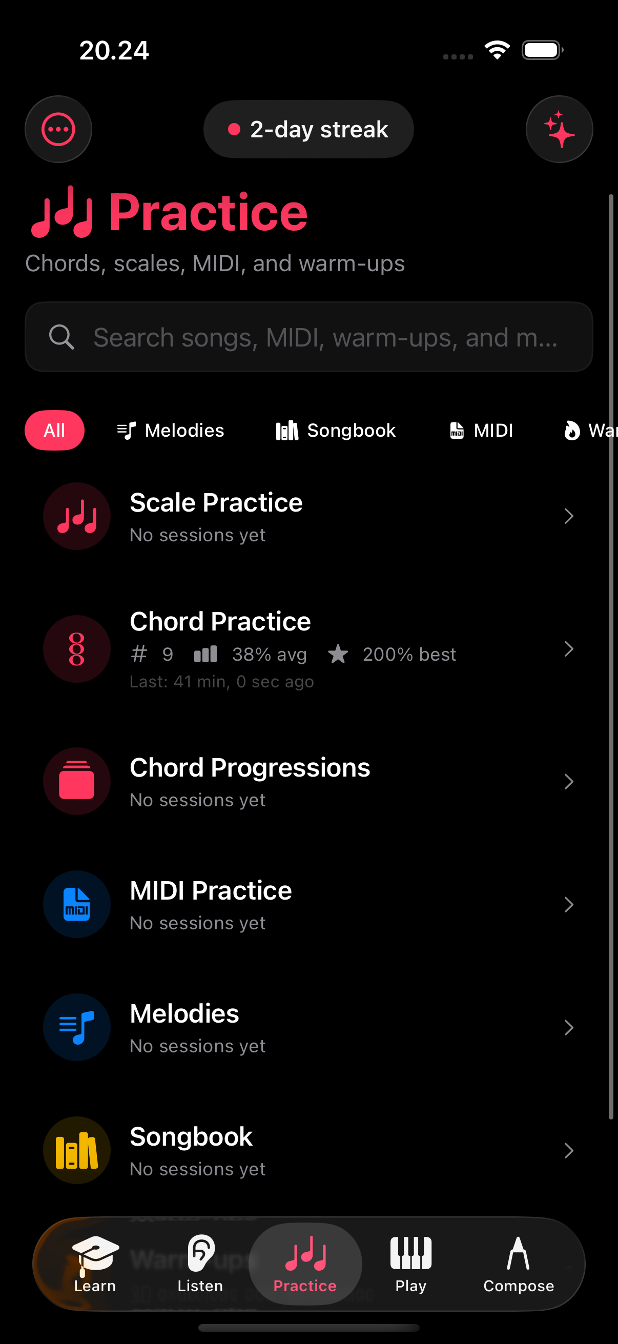 Tiny Instrument Practice mode home