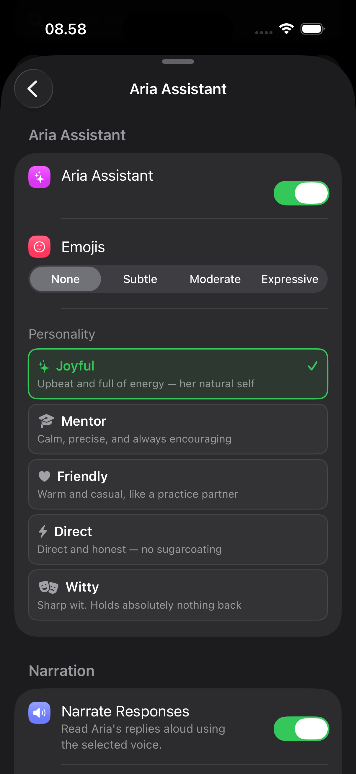 Tiny Instrument Aria customization settings